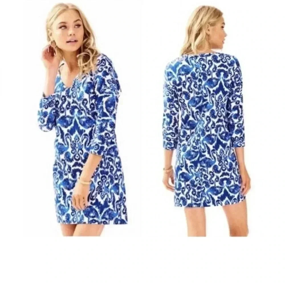 Lilly Pulitzer Womens Blue White Beach Bathers Flamingo Cori Dress Size Xs